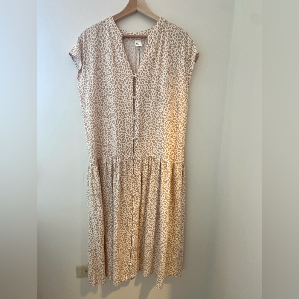 Button-Front Long-Torso Linen Cream Leopard Print Midi Dress